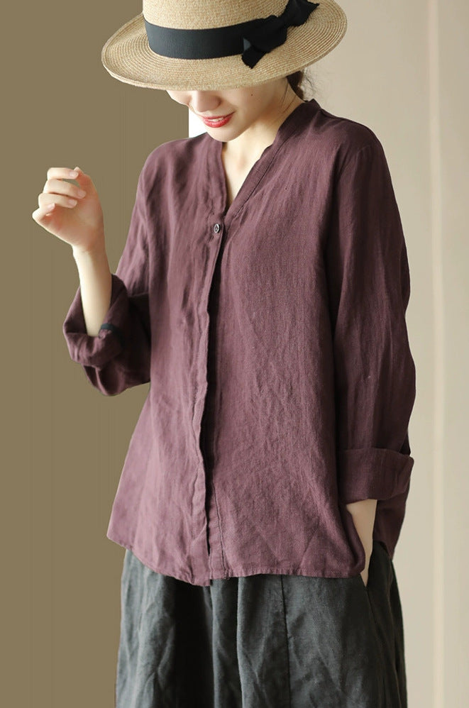 Vintage linen Loose V neck cardigan shirt