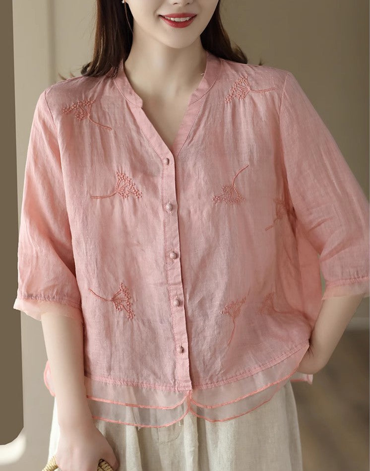 Vintage Ramie Embroidery Shirt