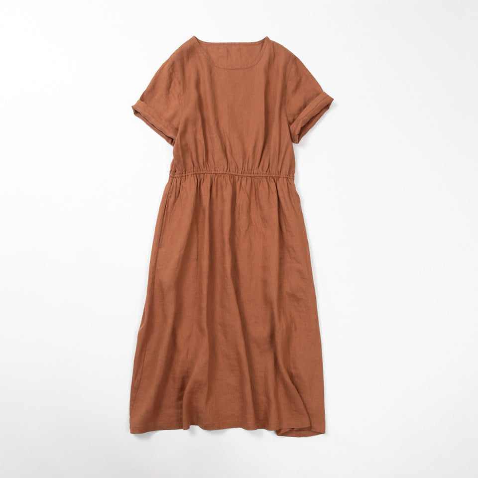 Pure linen elasticated waist short sleeves dress