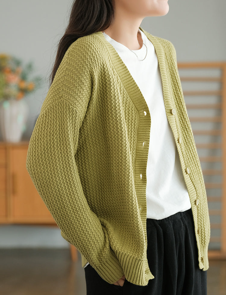 Pure cotton knitted sweater drop shoulder V-neck cardigan