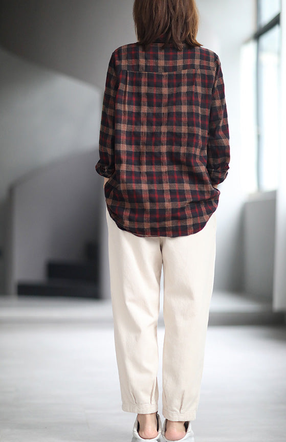 Retro casual loose fit brushed cotton plaid shirt