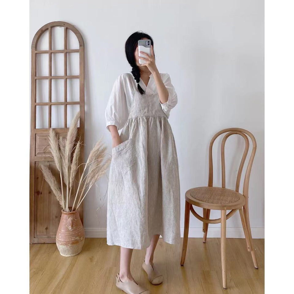 Pure linen loose fit striped waist pleated strap dress