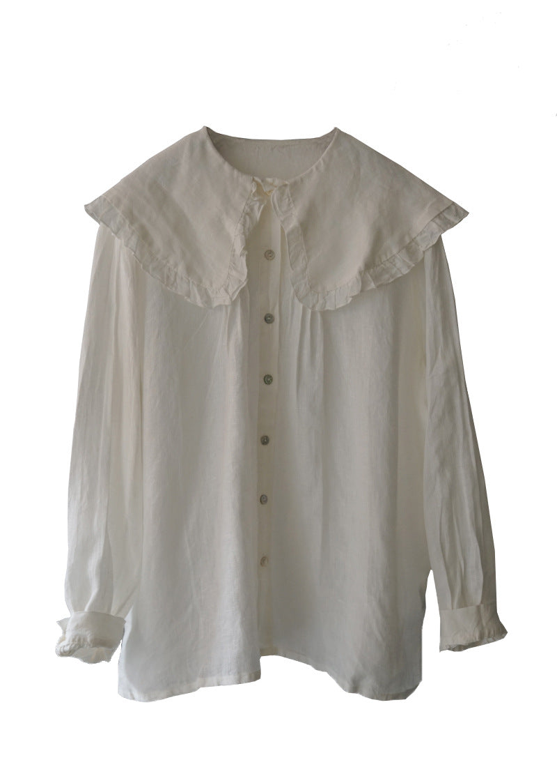 Pure linen retro loose fit large lapel blouse