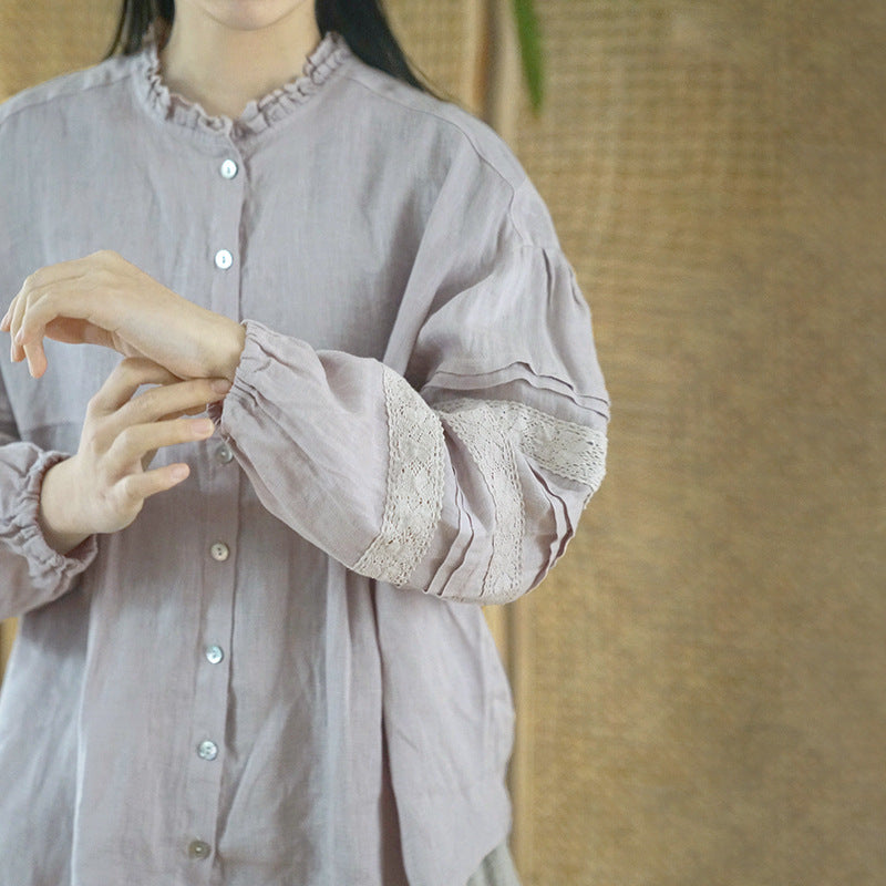 Pure linen loose fit drop shoulder cardigan lace sleeves blouse