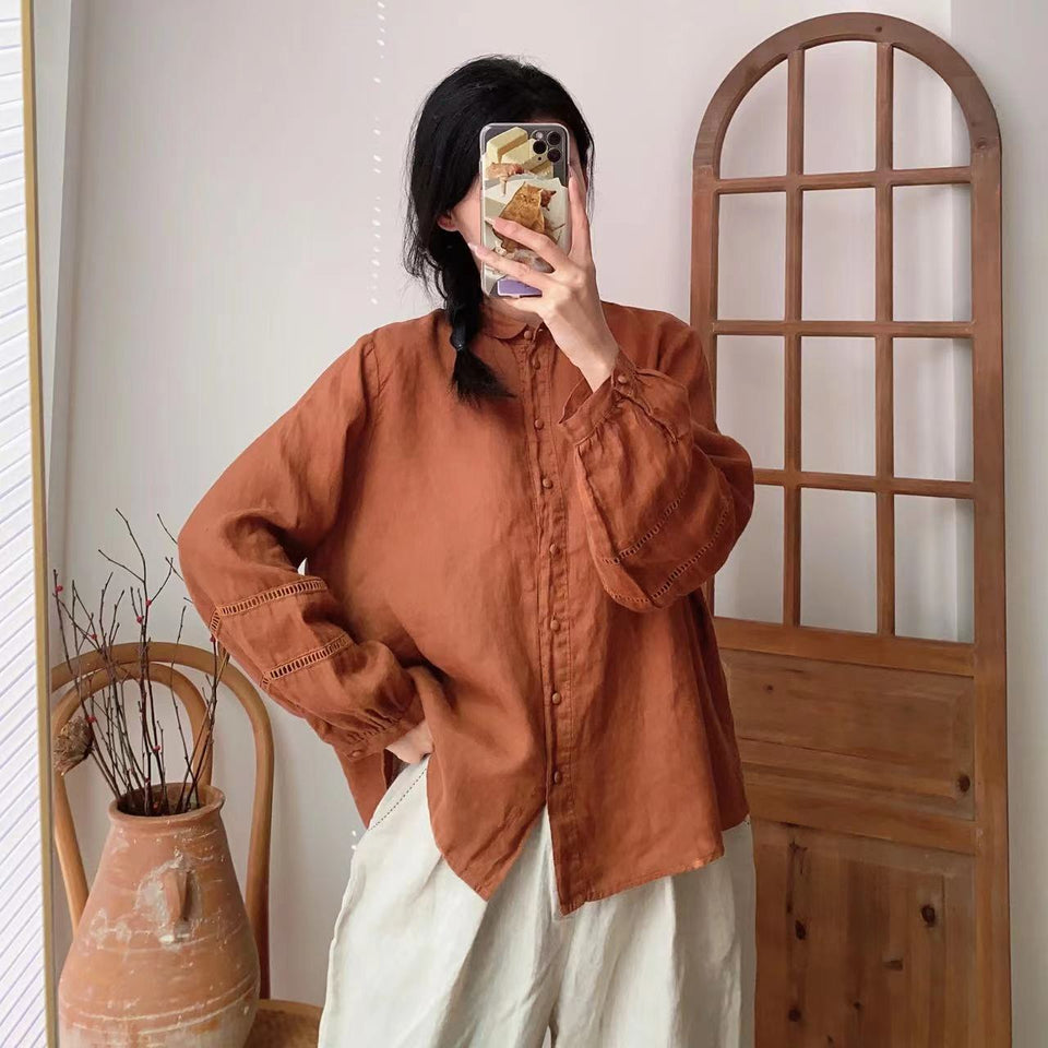 Linen long-sleeved small round collar retro sleeves lace shirt
