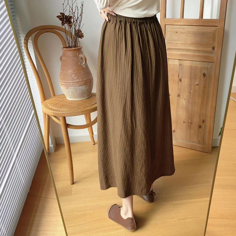 Retro elastic waist pleated cotton and linen strip skirt