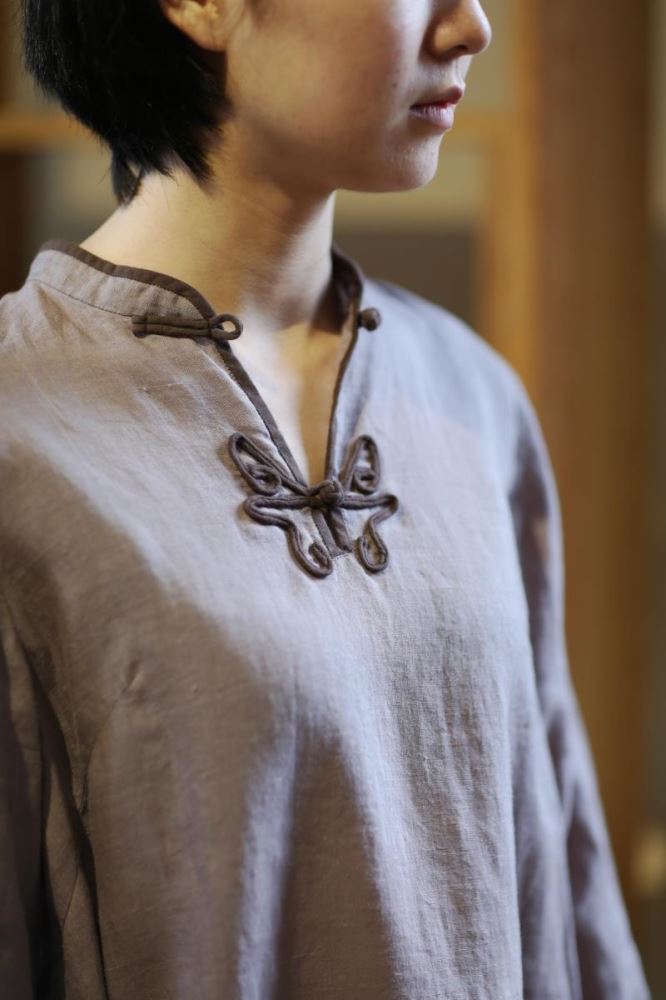 Original design handmade lotus buckle ramie dress shirt
