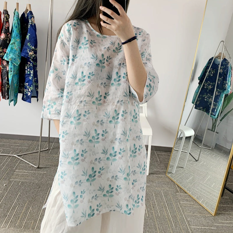 Pure linen ramie digital print floral half sleeves long shirt