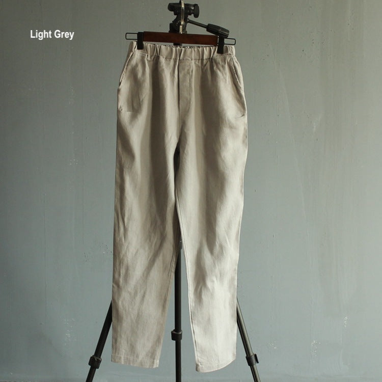 Pure linen pre-washed solid colour casual long pants