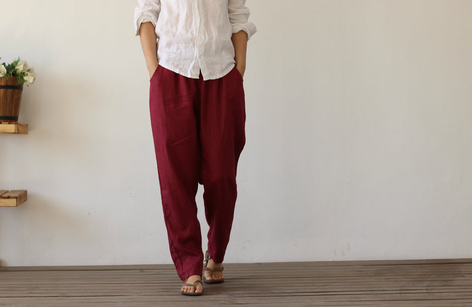 Pure ramie washed double open line trousers