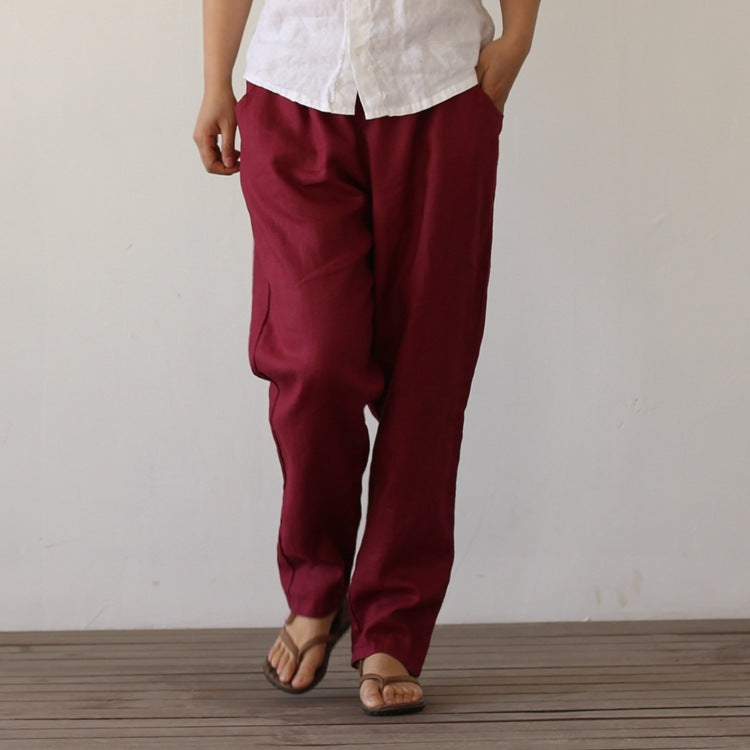 Pure ramie washed double open line trousers