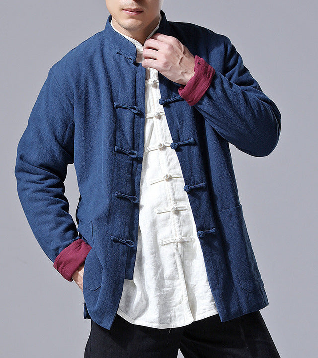 Linen Chinese style retro plus fleece thick warm casual coat