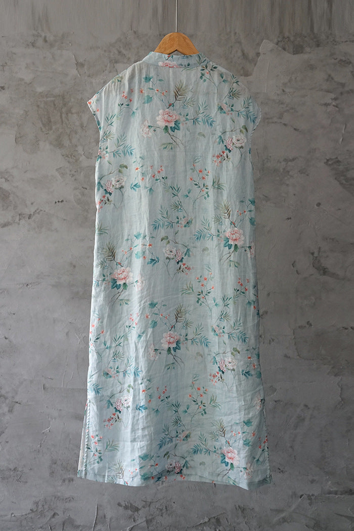 Vintage stand-up collar printed floral cheongsam dress