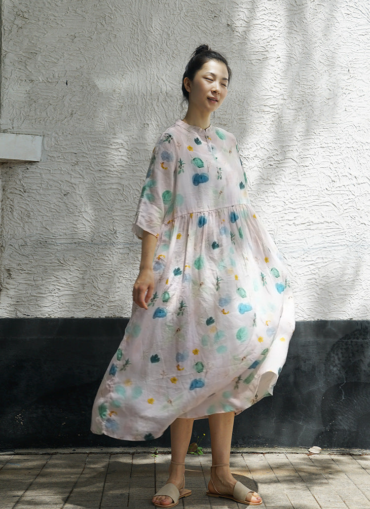 Original design ramie printed floral loose fit dress