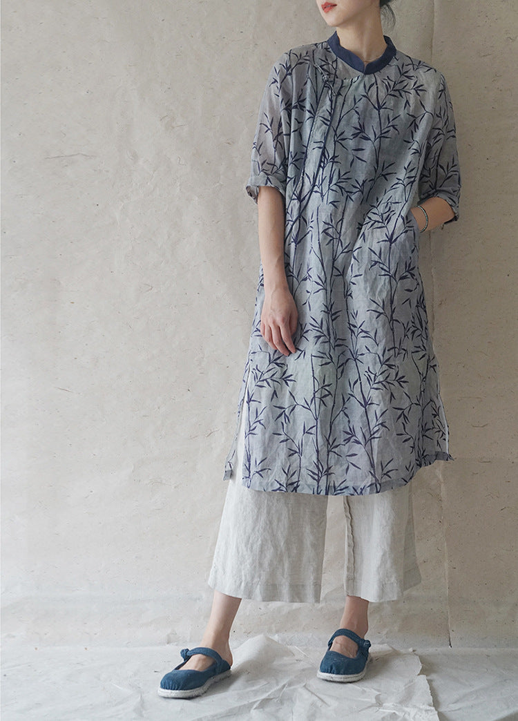 Original design Ramie colour block slanted lapel printed Cheongsam dress