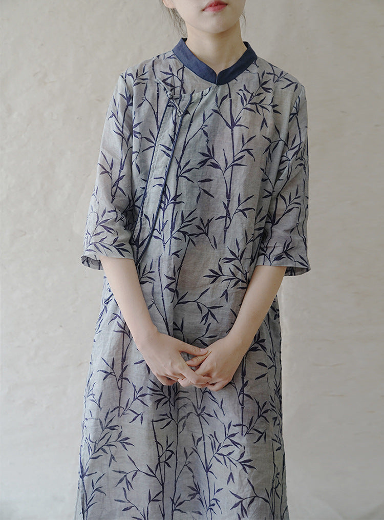 Original design Ramie colour block slanted lapel printed Cheongsam dress
