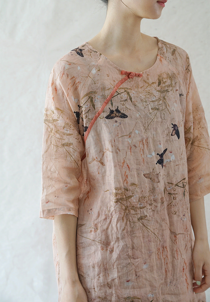 Original design floral print ramie slanted robe shirt