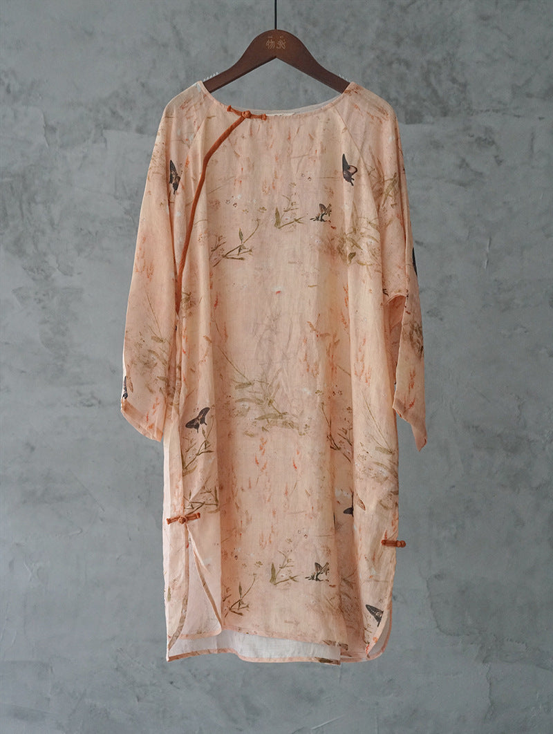 Original design floral print ramie slanted robe shirt