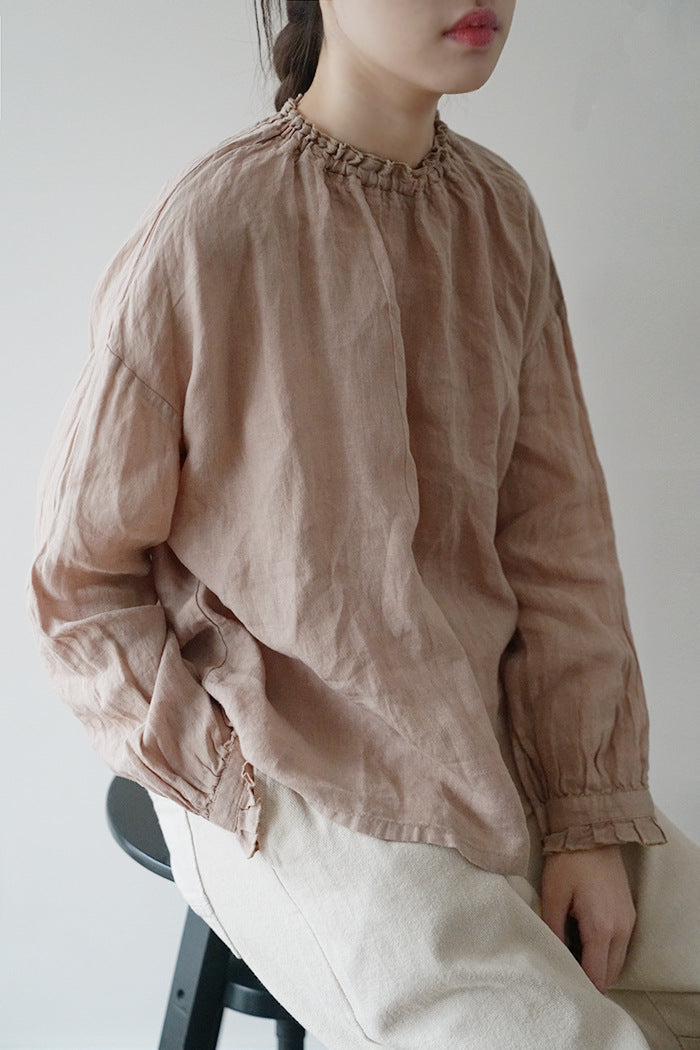 Pure linen original age-reduced gentle pullover retro natural shirt