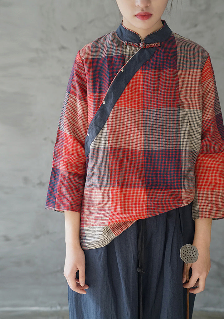 Pure linen yarn-dyed diagonal buckle check color block retro top