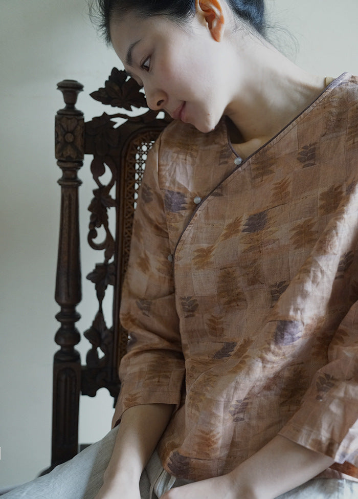 Original design ramie print retro oblique Zen blouse