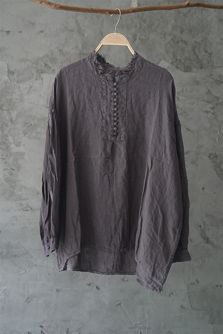 Original design pure washed linen ruffle collar long-sleeved shirt