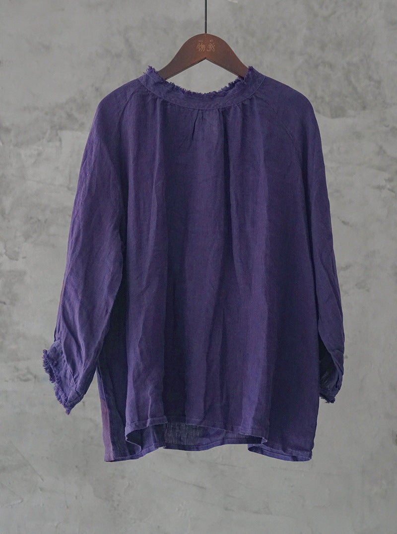 Original design frayed distressed high-neck linen blouse
