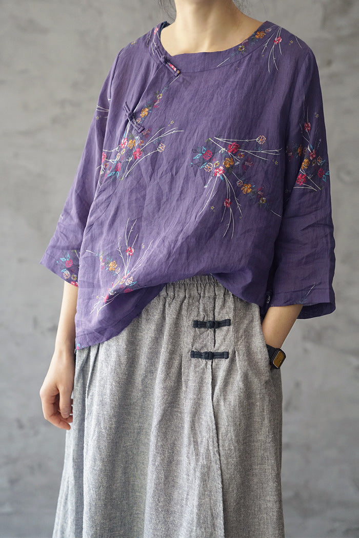 Original design retro ramie floral print diagonal blouse