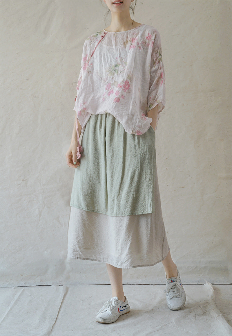 Original design slanted floral print fine ramie blouse