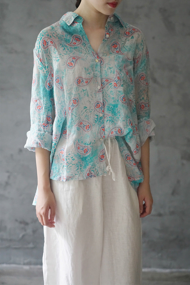 Original design pure ramie print floral thin shirt