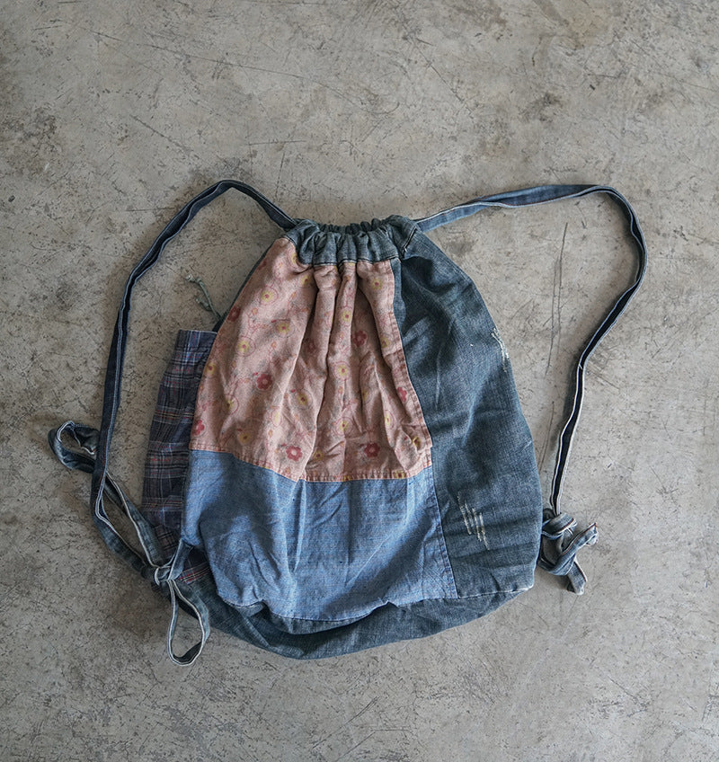Original design retro handmade patchwork drawstring backpack