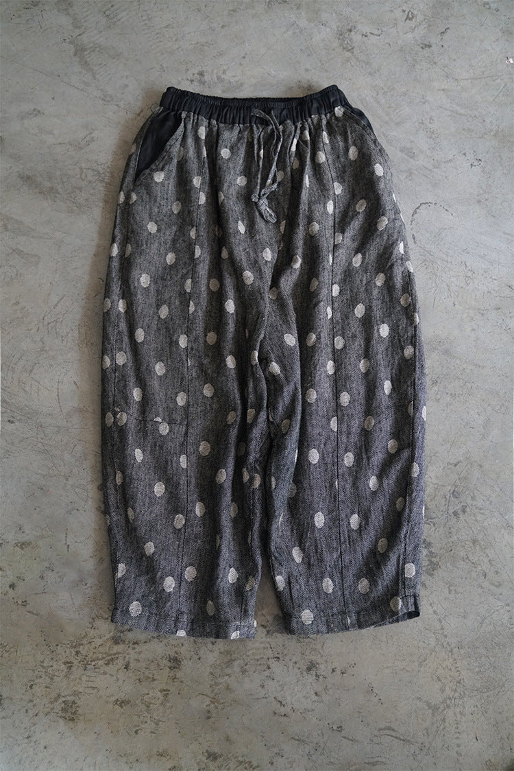 Original design yarn-dyed polka dot linen double layers retro wide-leg pants