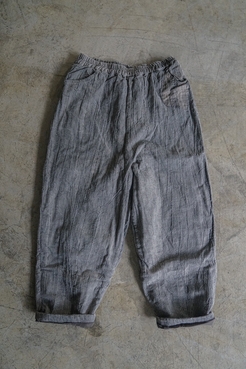 Original Design Crumpled Warm Padded Linen Pants