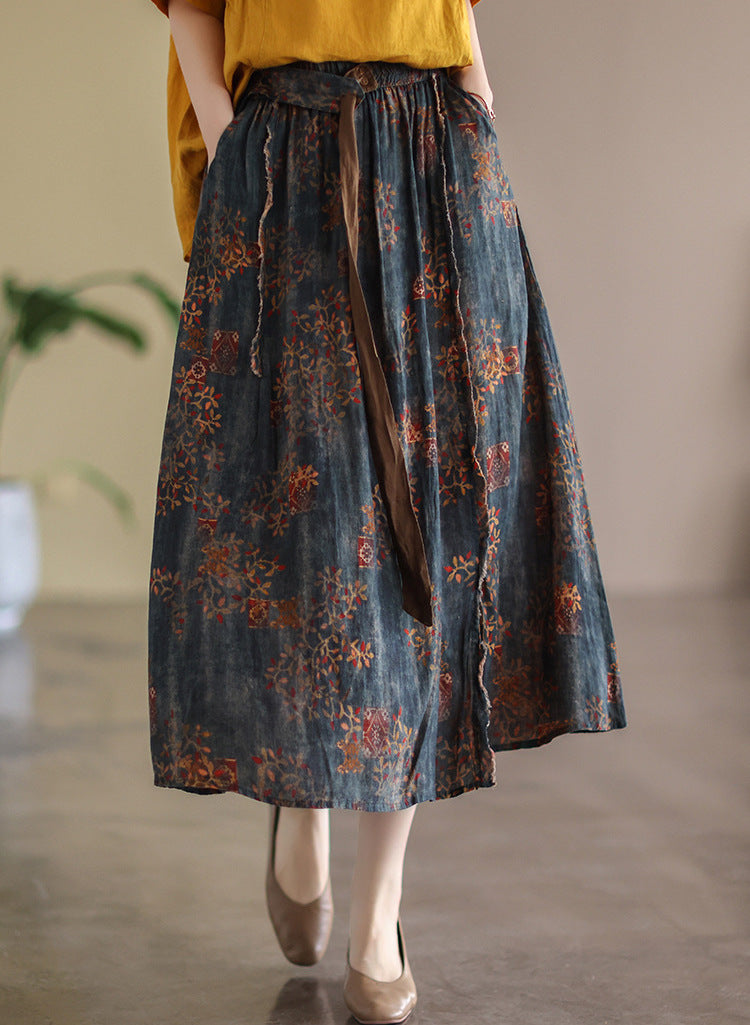 Pure Linen retro distressed floral print slit skirt