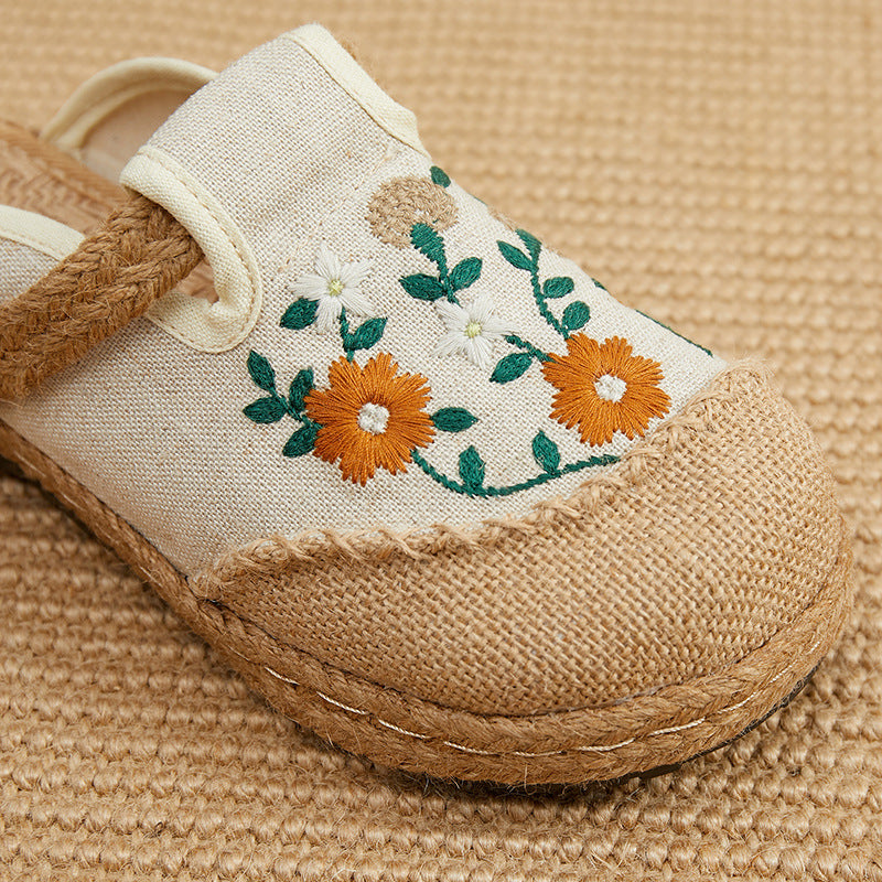 Linen round big head embroidered floral flat slippers