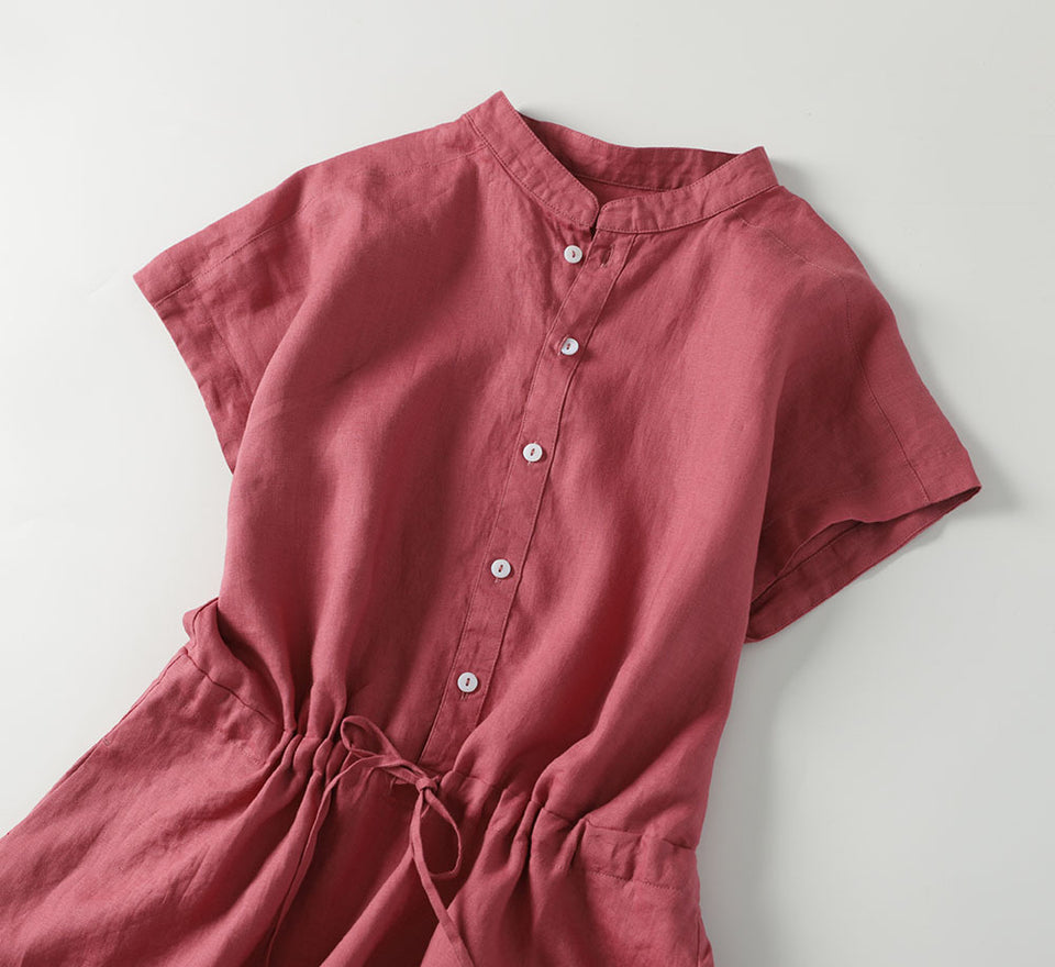 Pure linen lapel short sleeve waist drawstring dress