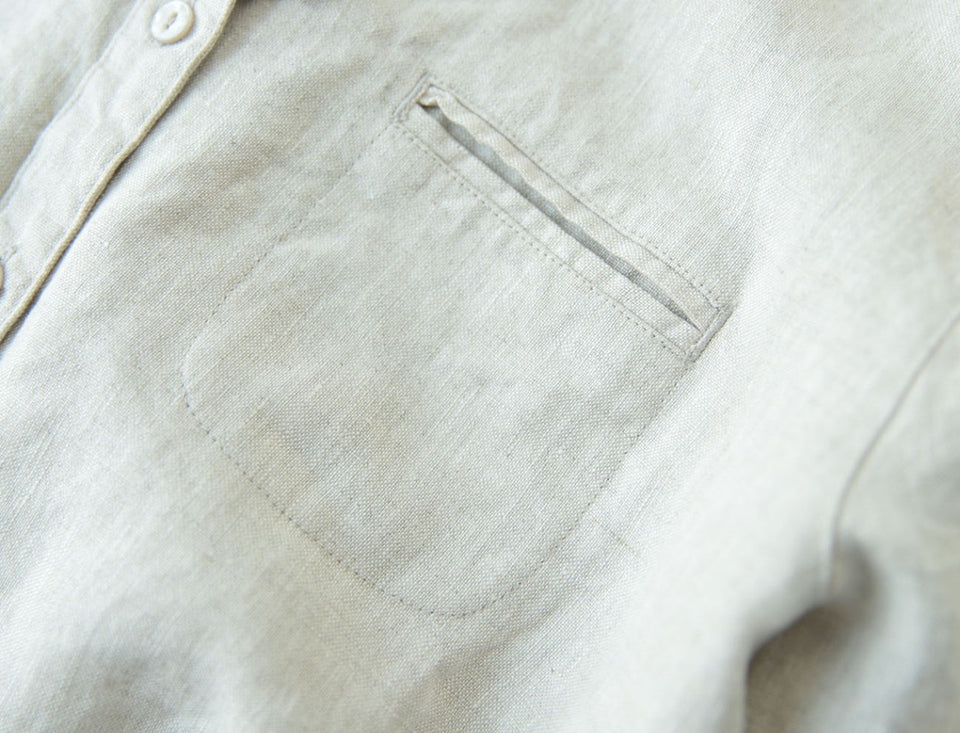 Pure Linen Round Collar Long Sleeve Shirt