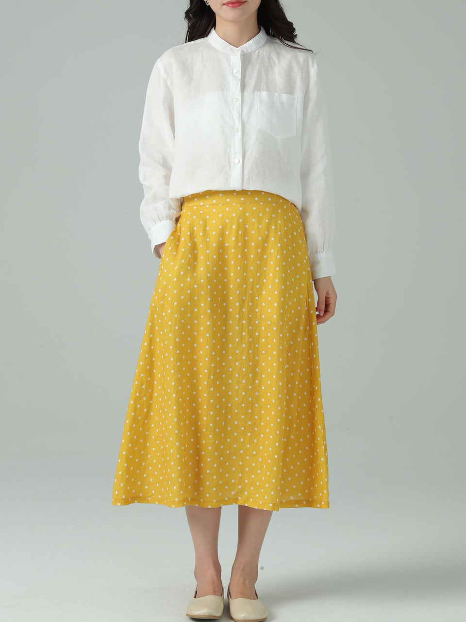 Pure Linen A-Line Polka Dot Print Skirt