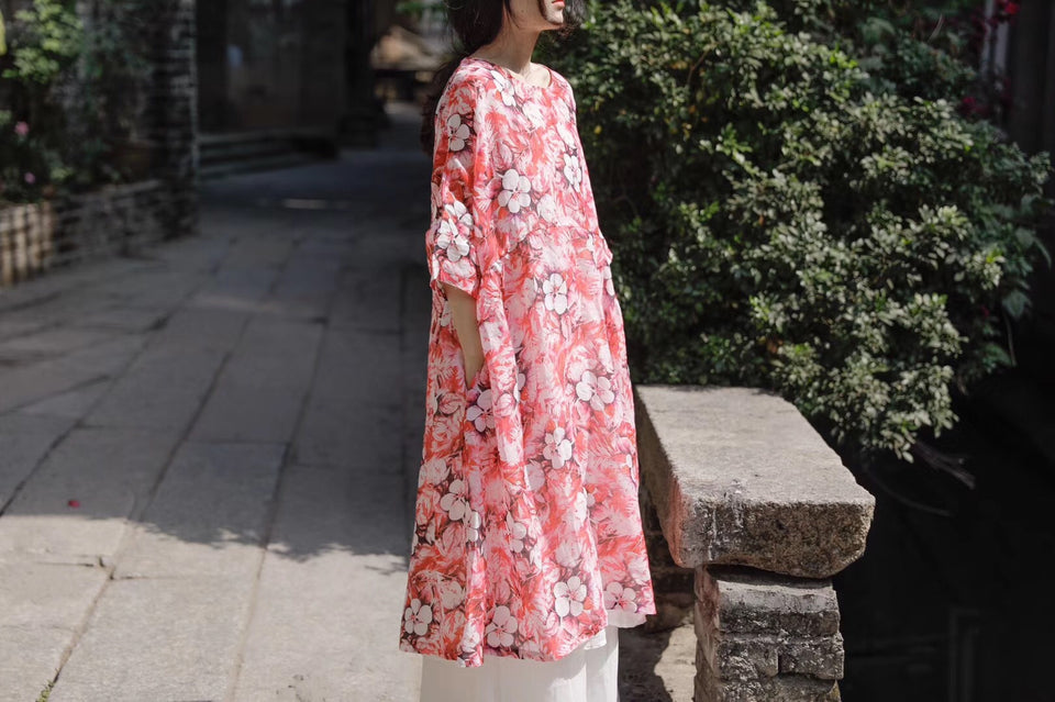 Pure ramie printed floral round neck drop shoulder retro dress