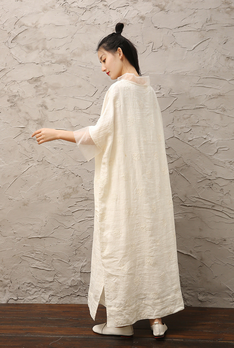 Linen full-embroidered mori patched petal collar drop-shoulder robe dress