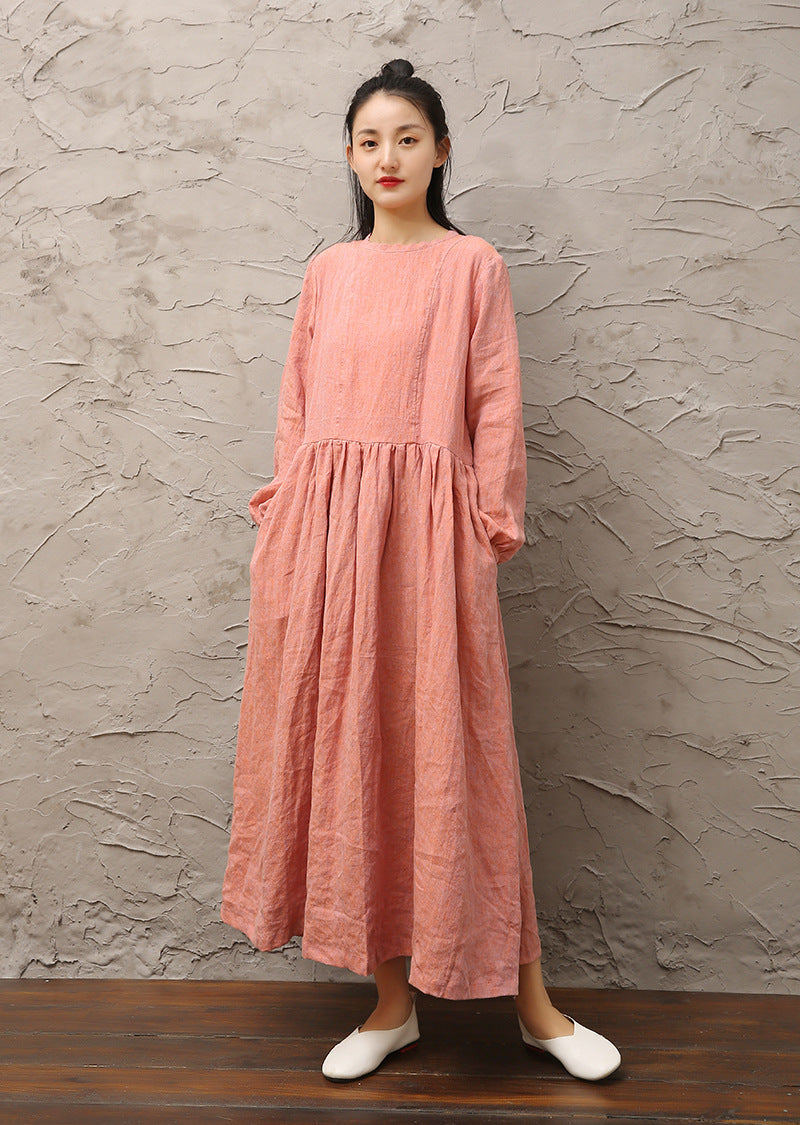 Yarn-dyed Linen Round Neck Lantern Sleeves Buttoned Back Loose Dress